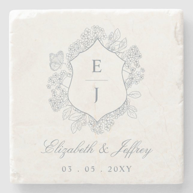 Dusty Blue Blommigt Vapensköld Monogram Bröllop Stenunderlägg (Framsidan)