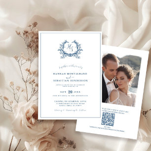 Dusty Blue Blommigt Vapensköld QR Code Bröllop Pho Inbjudningar