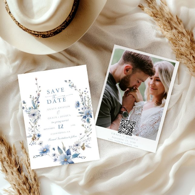 Dusty Blue Blommigt Vår greenery Bröllop Spara Datumet (Skapare uppladdad)