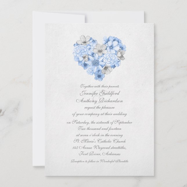 Dusty Blue Blommigt Vintage Kärlek Heart Bröllop Inbjudningar (Framsida)