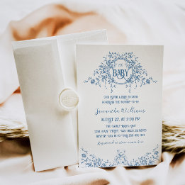 Dusty Blue Blommigt Vintage Nalle Baby Shower Inbjudningar