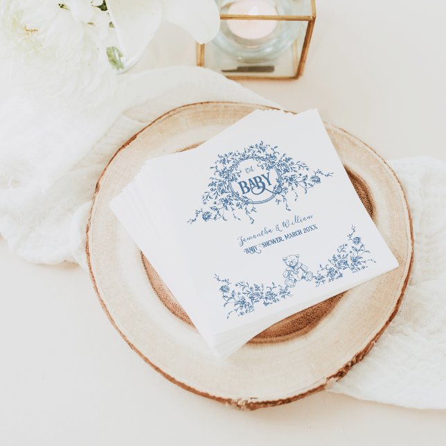 Dusty Blue Blommigt Vintage Nalle Baby Shower Pappersservett (Skapare uppladdad)