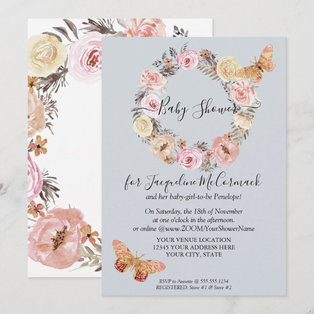Dusty Blue Blommigt Wand Butterfly Virtuell Shower Inbjudningar (Fram/baksida)
