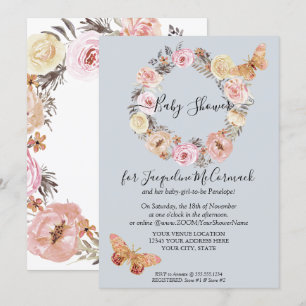 Dusty Blue Blommigt Wand Butterfly Virtuell Shower Inbjudningar