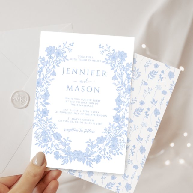 Dusty blue blommigt wandebohemian Classic bröllop Inbjudningar (Skapare uppladdad)