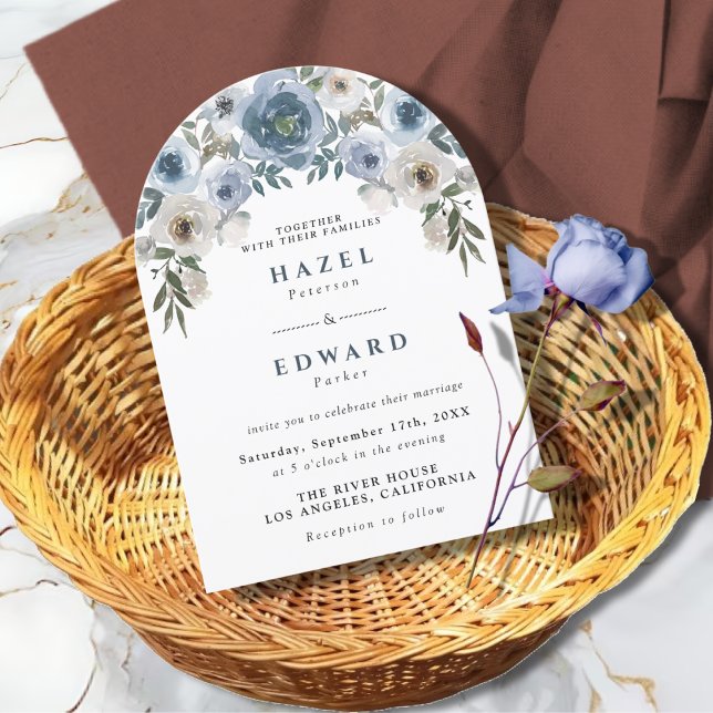 Dusty Blue Blommigt Watercolor Arch Bröllop Inbjudningar (Dusty Blue Floral Watercolor Arch Wedding Invitation)