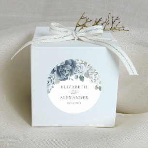 Dusty Blue Blommigt Watercolor Botanical Bröllop Runt Klistermärke