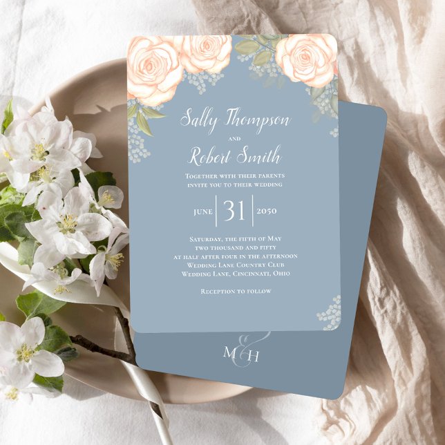 Dusty Blue Blommigt Watercolor Bröllop Inbjudningar (Dusty blue wedding invitation with watercolor blush pink floral design.)