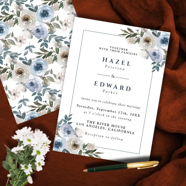 Dusty Blue Blommigt Watercolor Bröllop Inbjudningar (Dusty Blue Floral Watercolor Wedding Invitation)