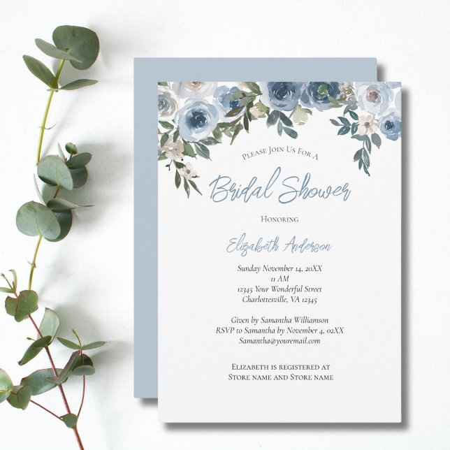 Dusty Blue Blommigt Watercolor Möhippa Inbjudningar (Dusty Blue Floral Watercolor Bridal Shower invitation)