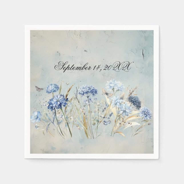 Dusty Blue Blommigt Watercolor Papper Napkins Pappersservett (Framsidan)