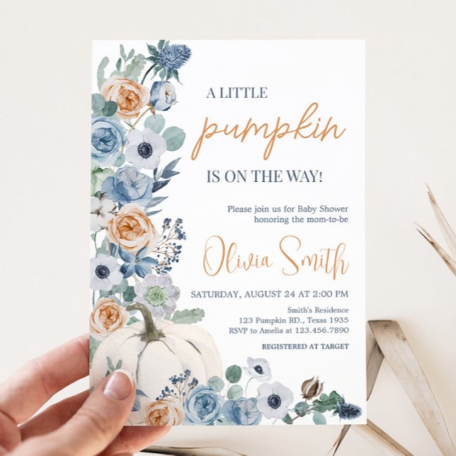 Dusty Blue Blommigt White Pumpkin Baby Shower Inbjudningar (Blue Floral Pumpkin Baby Shower Invitation)