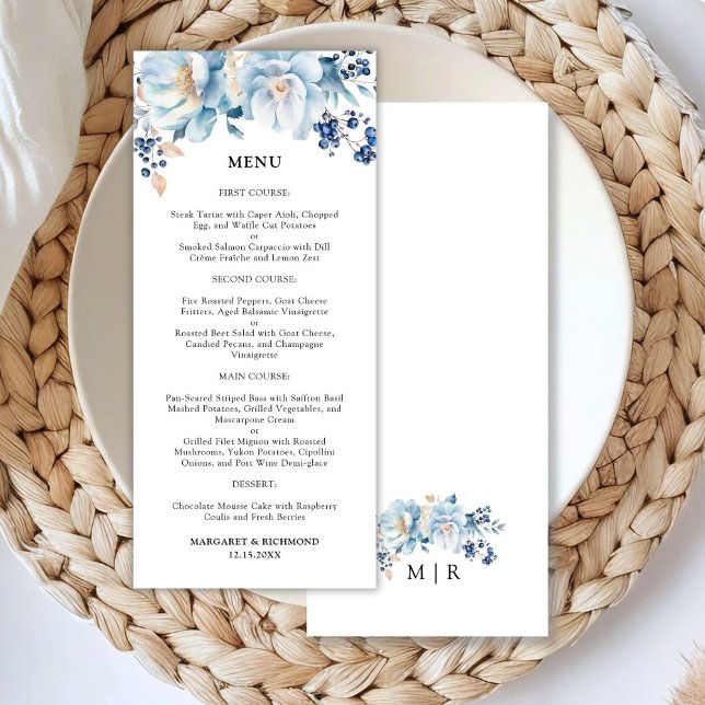 Dusty Blue Blommigt Winter Wedding Menu Meny (Skapare uppladdad)