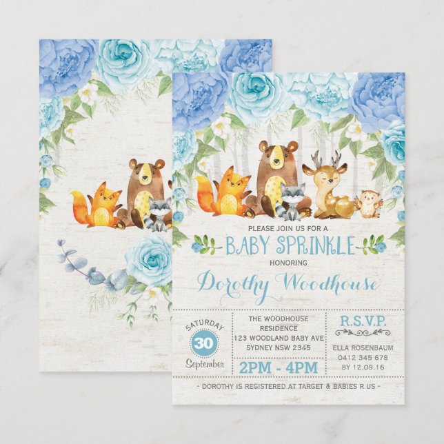 Dusty Blue Blommigt Woodland Animals Boy Baby Show Inbjudningar (Fram/baksida)