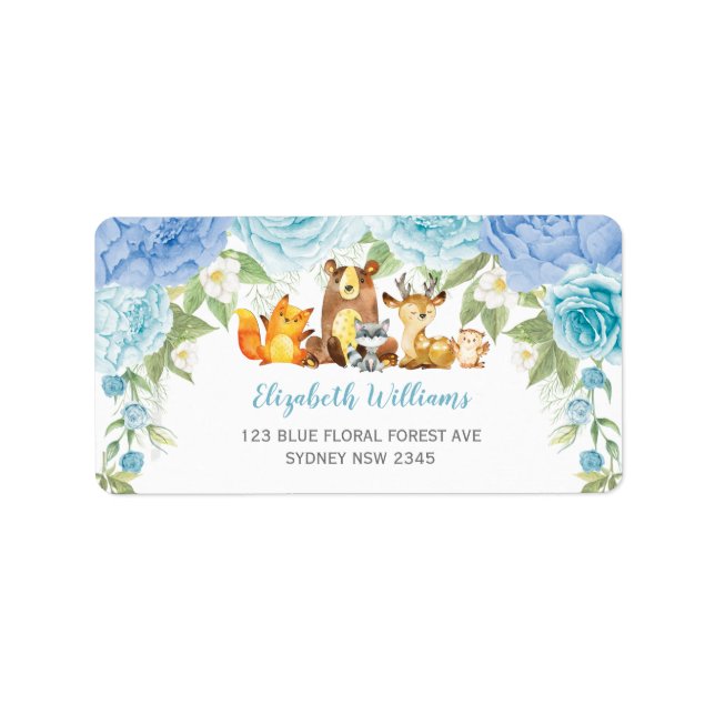 Dusty Blue Blommigt Woodland Animals Returadress Adressetikett (Framsidan)