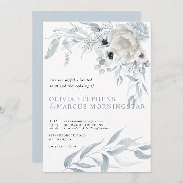 Dusty Blue-Blommigten för Blek med modern vattenfä Inbjudningar (Fram/baksida)