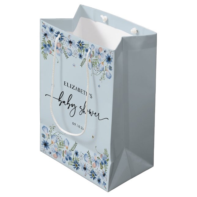 Dusty Blue Blommigts Baby Shower Medium Gift Bag (Framsidan Vinklad)