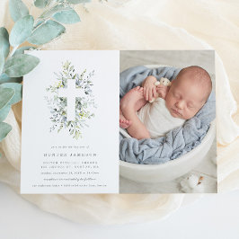 Dusty Blue Blommigts Baptism Fotoinbjudan Inbjudningar