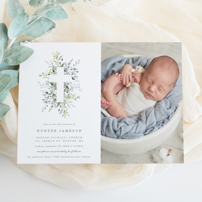 Dusty Blue Blommigts Baptism Fotoinbjudan Inbjudningar (Skapare uppladdad)