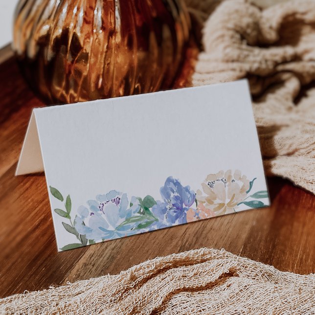 Dusty Blue Blommigts Buffet Food Label Cards Placeringskort (Skapare uppladdad)