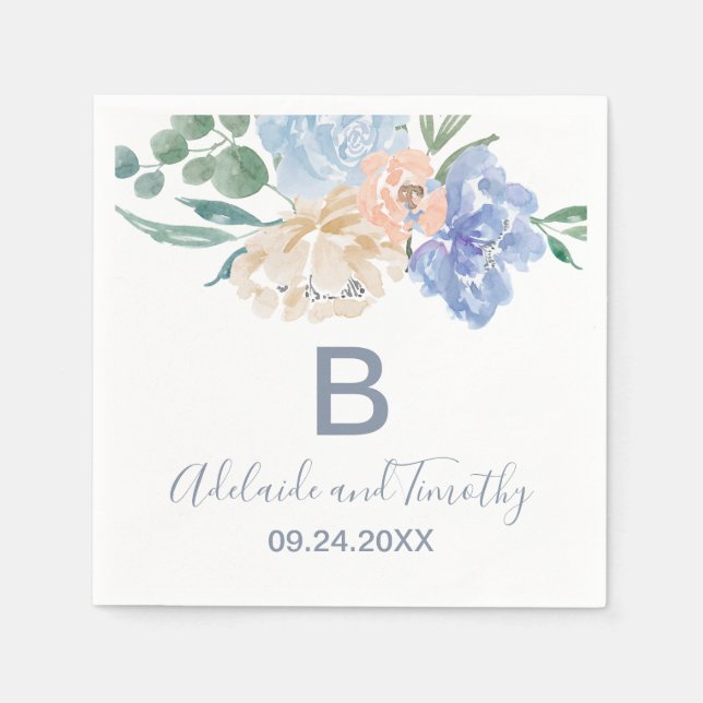 Dusty Blue Blommigts Monogram Bröllop Pappersservett (Framsidan)