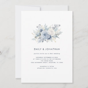 Dusty Blue Blommigts Navy Text QR Code Bröllop Inbjudningar