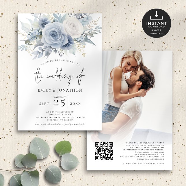 Dusty Blue Blommigts Photo Overlay QR-kod Bröllop Inbjudningar (Front and back view)