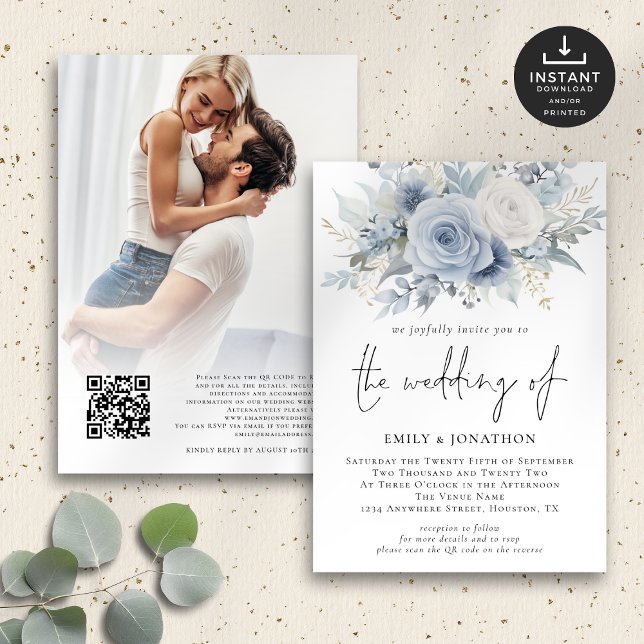 Dusty Blue Blommigts Photo QR-kod Bröllop Inbjudningar (Front and back view)