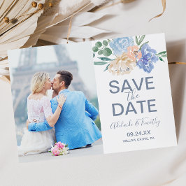 Dusty Blue Blommigts Photo Save Date Card Spara Datumet