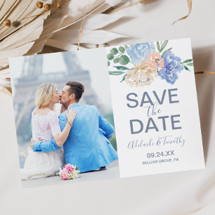 Dusty Blue Blommigts Photo Save Date Card Spara Datumet
