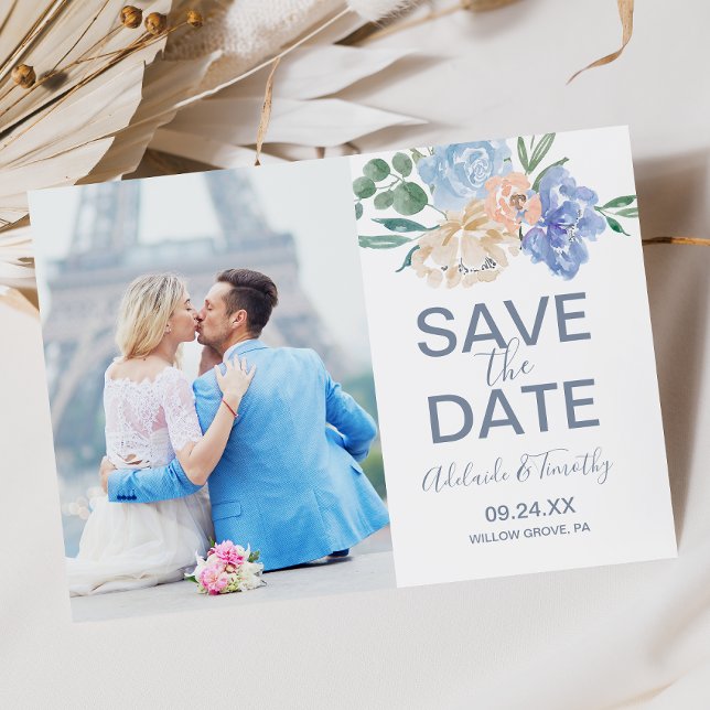 Dusty Blue Blommigts Photo Save Date Card Spara Datumet (Skapare uppladdad)