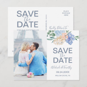 Dusty Blue Blommigts Photo Save Date Postcard Meddelande Vykort