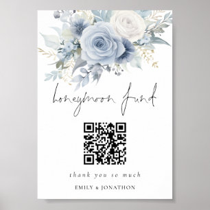 Dusty Blue Blommigts QR Code Honeymoon Fund Bröllo Poster