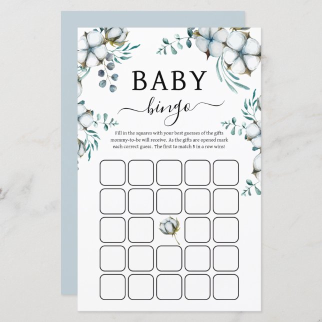 Dusty Blue-blommor Baby Shower Bingo Game (Fram/baksida)