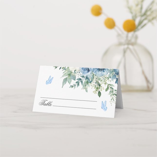 Dusty Blue Blommor Bröllop  Placeringskort (Framsida)