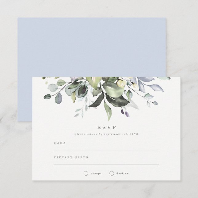 Dusty Blue Blommor Bröllop RSVP Inbjudningar (Fram/baksida)