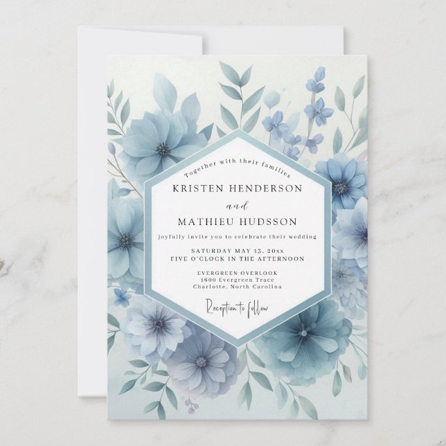 Dusty Blue Bloom Botanical Wedding Inbjudningar (Framsida)