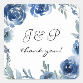 Dusty Blue & Blue Blommigt Tack Monogram 3 Fyrkantigt Klistermärke