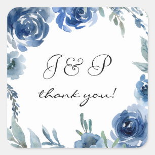 Dusty Blue & Blue Blommigt Tack Monogram 3 Fyrkantigt Klistermärke