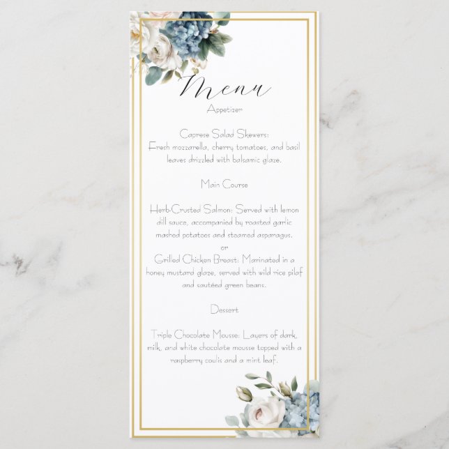 Dusty Blue & Blush Floral Wedding Menu Card  Meny (Framsida)