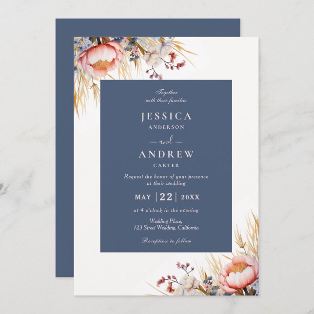 Dusty Blue & Blush Pink Floral Watercolor Wedding  Inbjudningar (Fram/baksida)