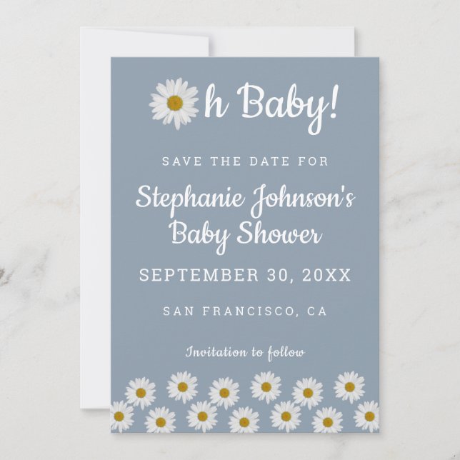 Dusty Blue Bohemian Daisys Oh Baby Baby Shower Spara Datumet (Framsida)