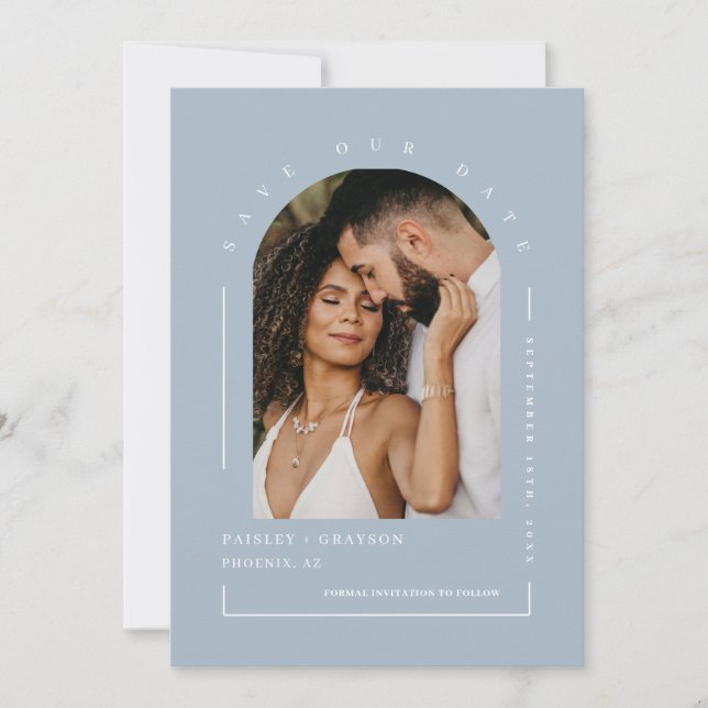 Dusty Blue Boho Arch Photo QR-kod Spara vårt datum Inbjudningar (Framsida)