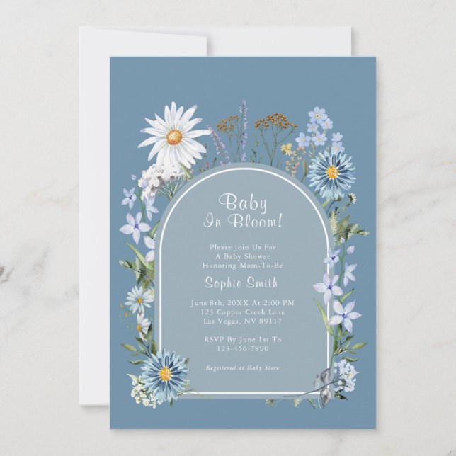 Dusty Blue Boho Baby in Bloom Baby Shower Inbjudningar (Framsida)
