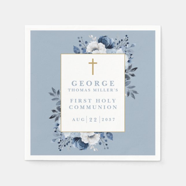 Dusty Blue Boho Blommig Första Kommunion Pappersservett (Framsidan)