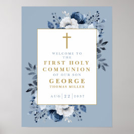 Dusty Blue Boho Blommig Första Kommunion Välkomsts Poster
