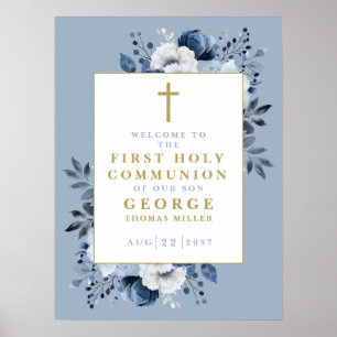 Dusty Blue Boho Blommig Första Kommunion Välkomsts Poster