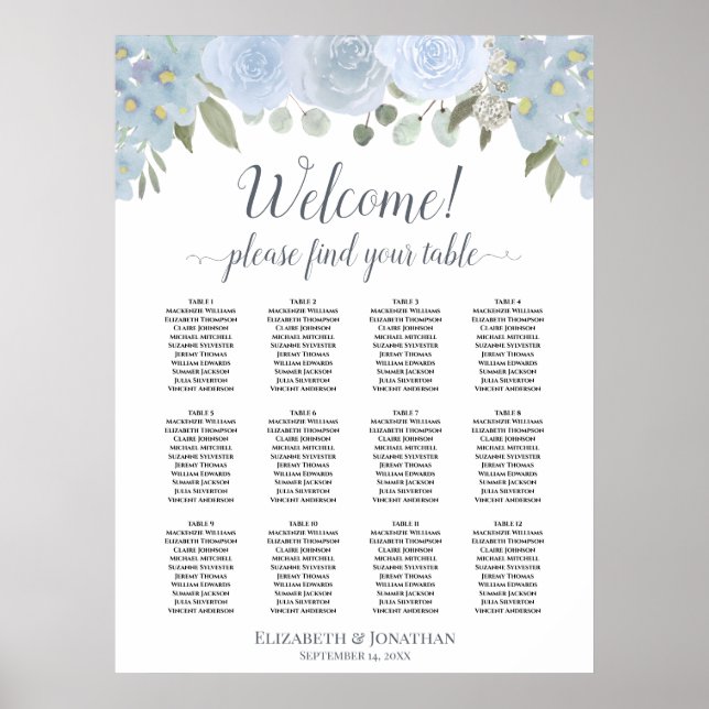 Dusty Blue Boho Blommigt 12 Bord-sittplatsplan Poster (Framsidan)