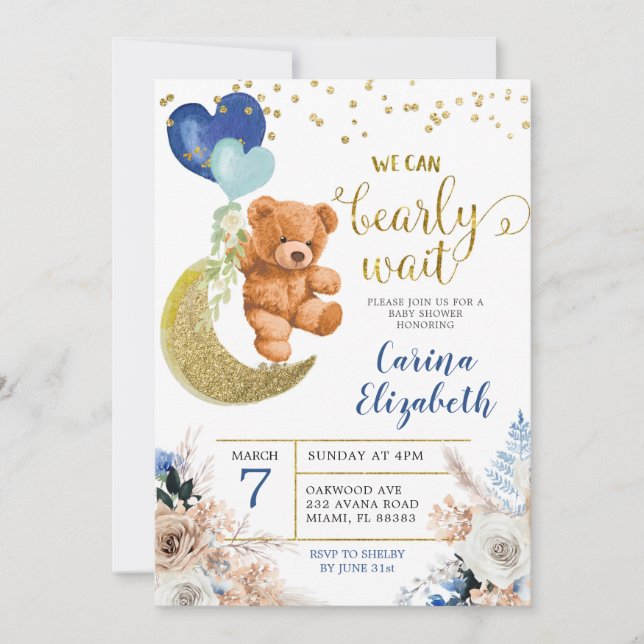 Dusty Blue Boho Blommigt Barly Wait Baby Shower Inbjudningar (Framsida)