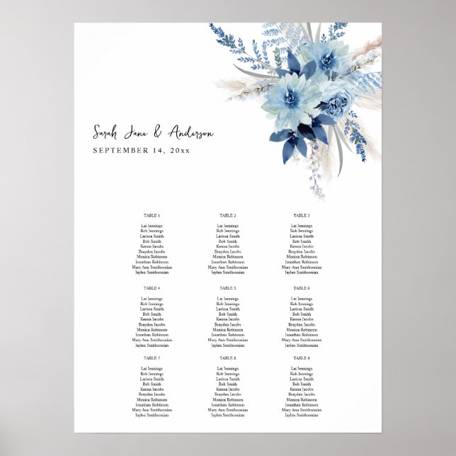 Dusty Blue Boho Blommigt Event Sittdiagram 9 Poster (Framsidan)